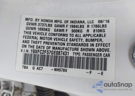 2016 Honda Civic Lx из США, поврежденный, VIN 19XFC2F57GE087431